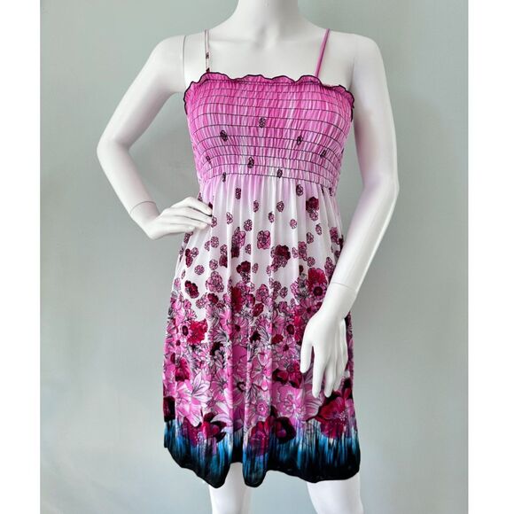 Vintage Y2k Sundress Casual Pink & White Flower Print Smocked Bodice Dress Small - Picture 1 of 7
